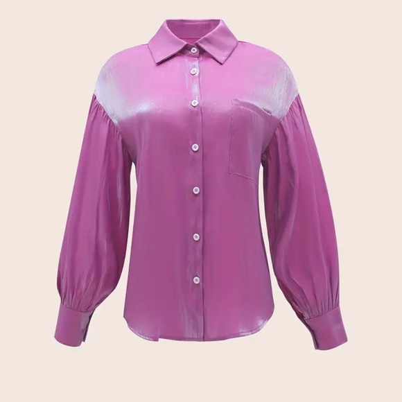 NWT Unbranded pinkish purple metallic button down blouse. Sz. Extra Large. - Picture 3 of 9